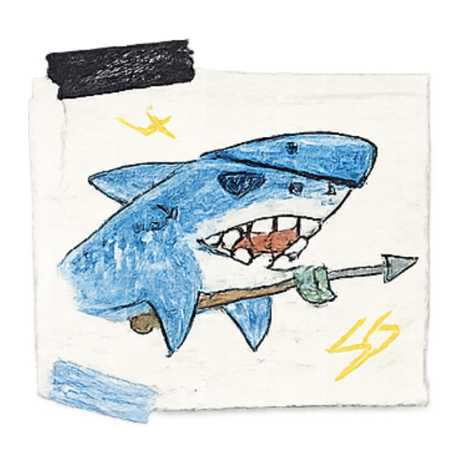 Kid-created shark fighter sticker