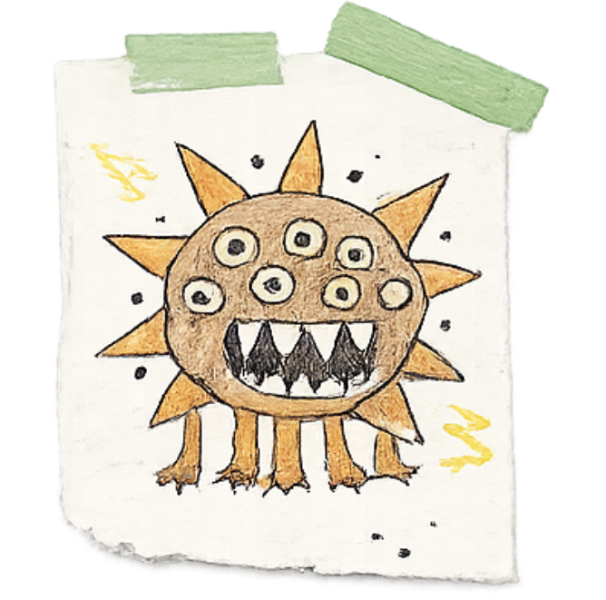 Kid-created many-eyed monster fighter sticker