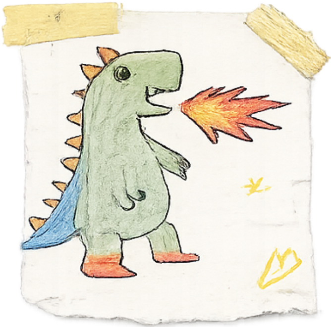 Kid-created fire-breathing dinosaur fighter sticker